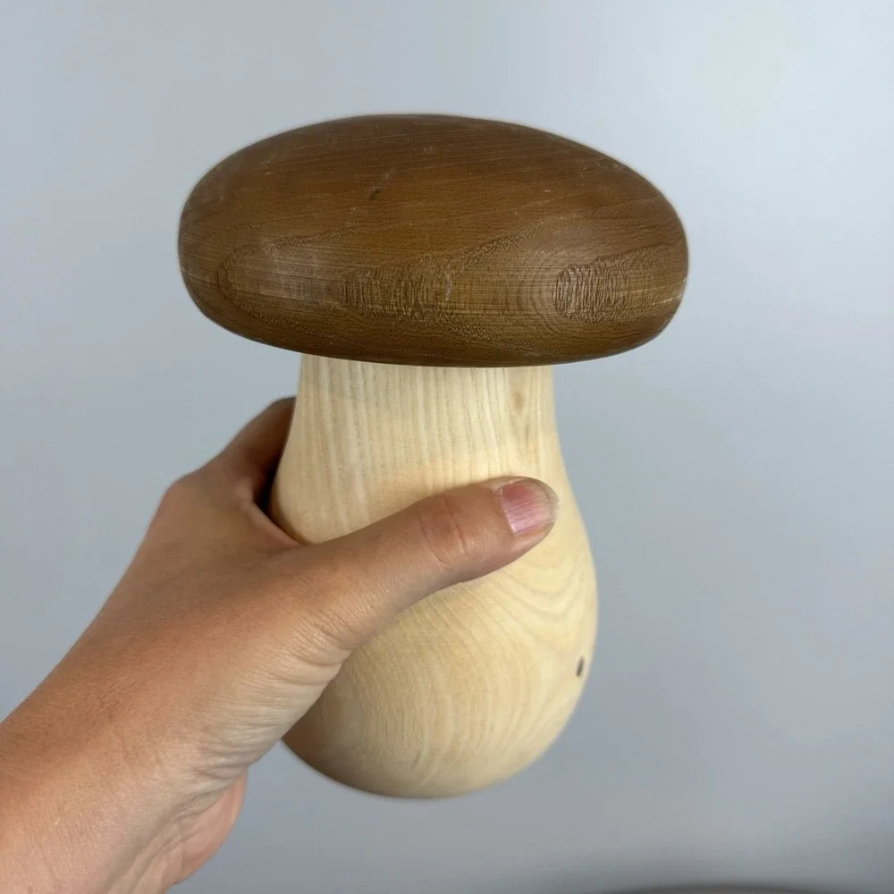 2 Mushroom Shape Wood Containers with Removable Mushroom Cap Lids Decor